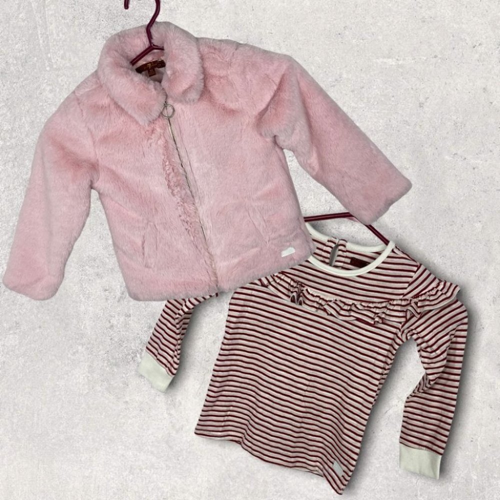 NEW 7 For All‎ Mankind Toddler Striped Ruffle Top and Faux Fur Fuzzy Pink Jacket